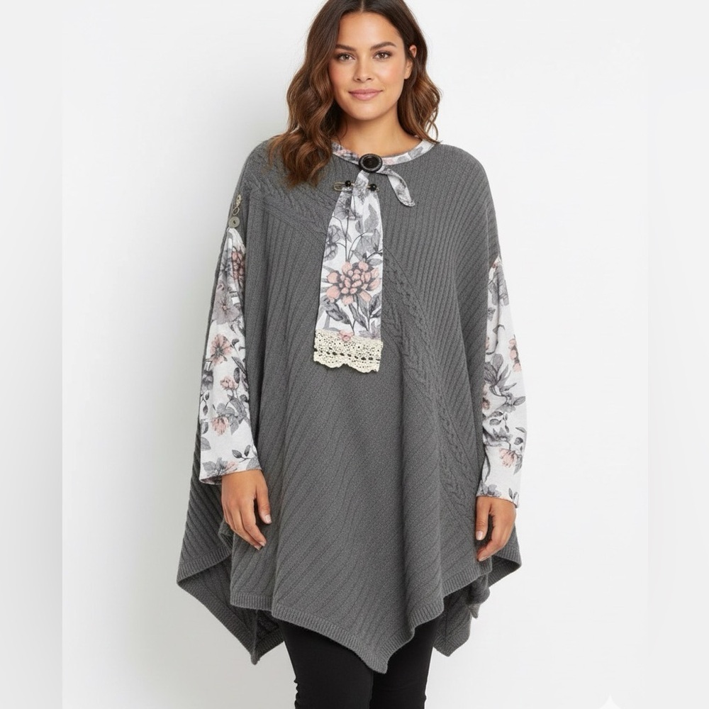 Upcycled Boho Asymmetrical Cable Knit Tunic Sweater Top Grey Rose Size L/XL